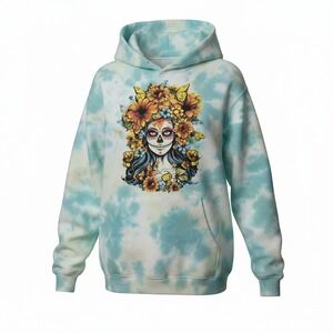 AERIES Upcycle Steffys Studio Tie Dye Sugar Skull Graphic Hoodie Blue Pink Small